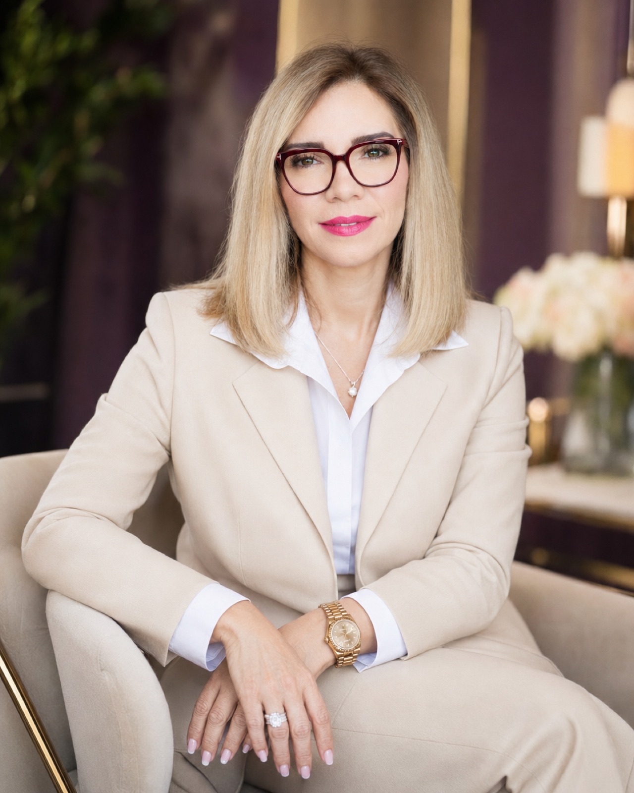Cream suit, tortoiseshell frames. Seated, plum wall and white roses behind.