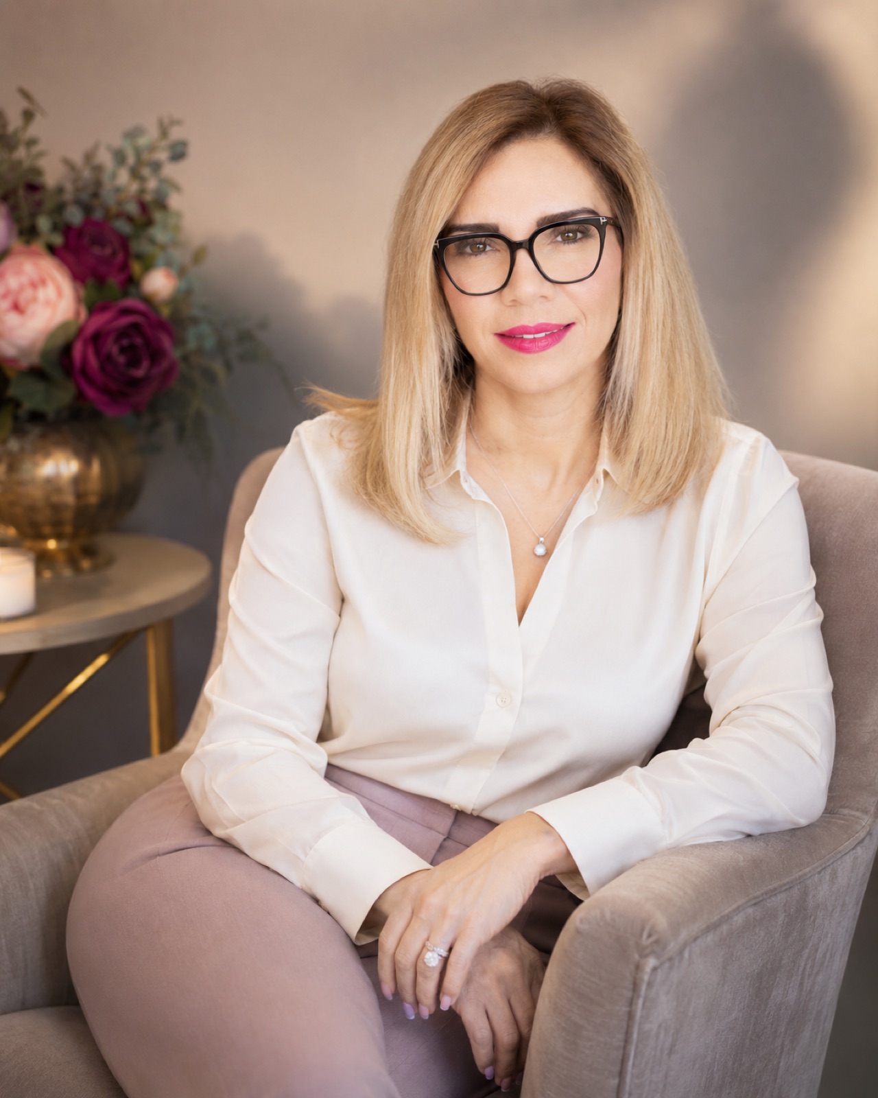 Cream blouse, black frames. Seated beside a gold side table with roses.