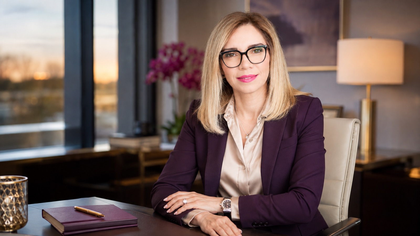 Plum blazer at a desk, journal in front, city window behind. Subject right, space at left.
