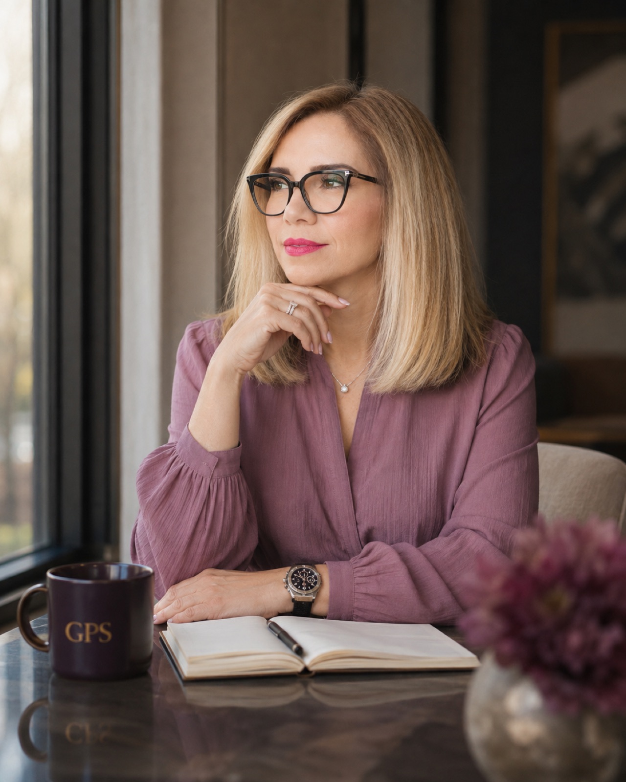 Mauve blouse, black frames. Journal and GPS mug at a window, looking off-camera.