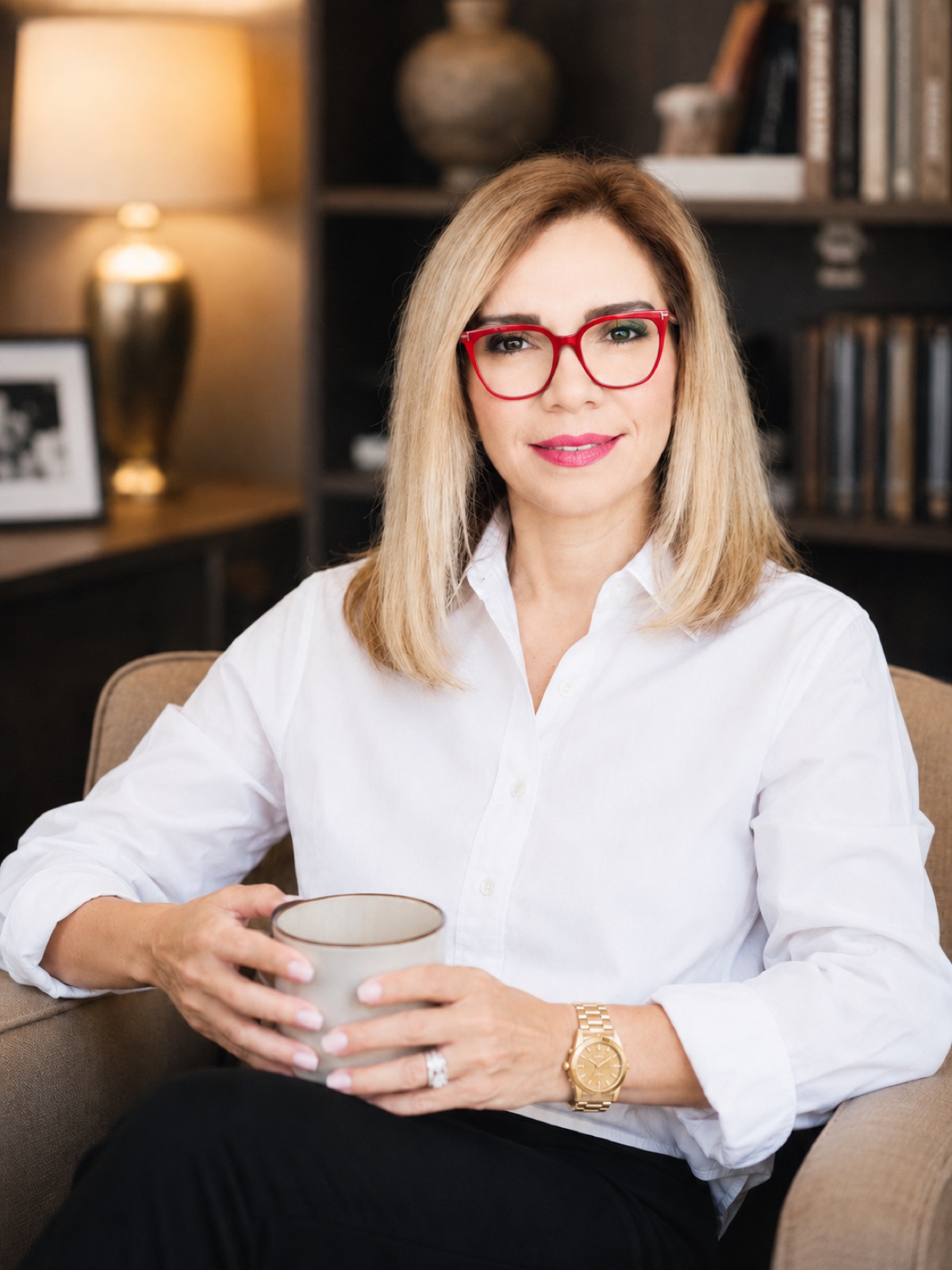 White shirt, red frames, gold watch and ring. Seated with a ceramic cup, dark bookshelf and lamp behind. Half body.