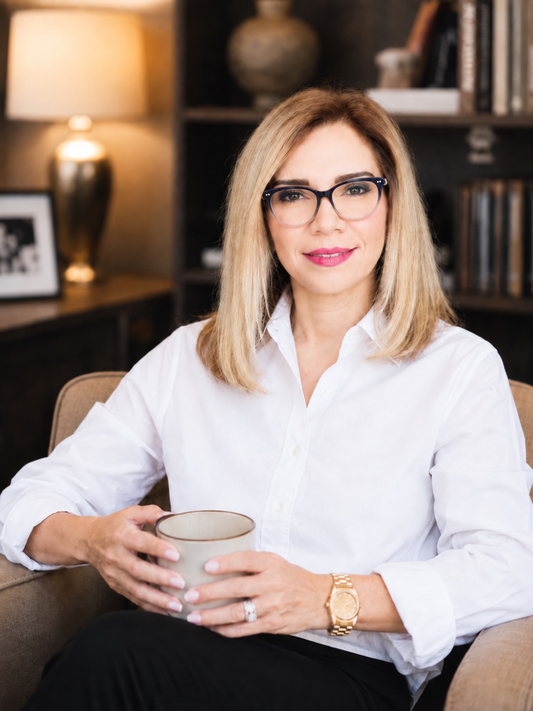 Black frames. Seated with a ceramic cup, dark bookshelf and lamp behind. Same setup as 73, and the same as 36 in red.