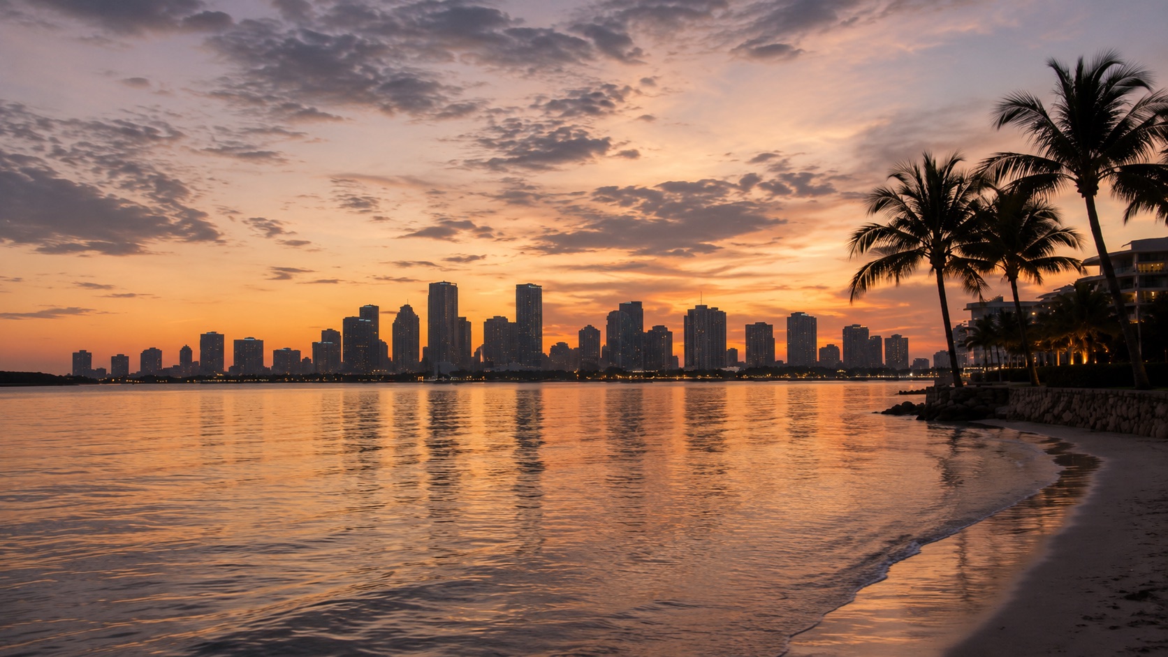 Miami skyline at sunset.